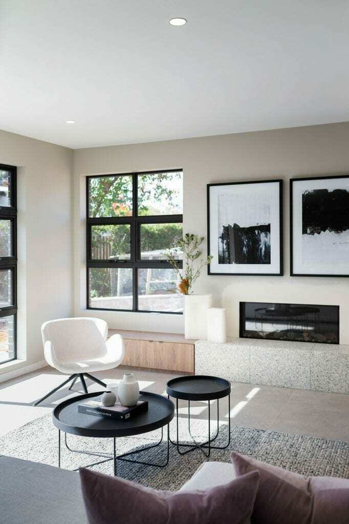 Homes by Howe, knock down rebuild, Watson, living room, light and airy, fancy furniture