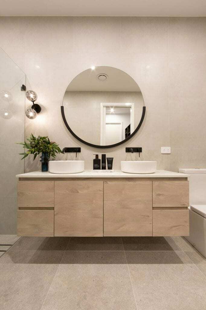 Homes by Howe, knock down rebuild, Red Hill, bathroom, dual vanity and circular mirror
