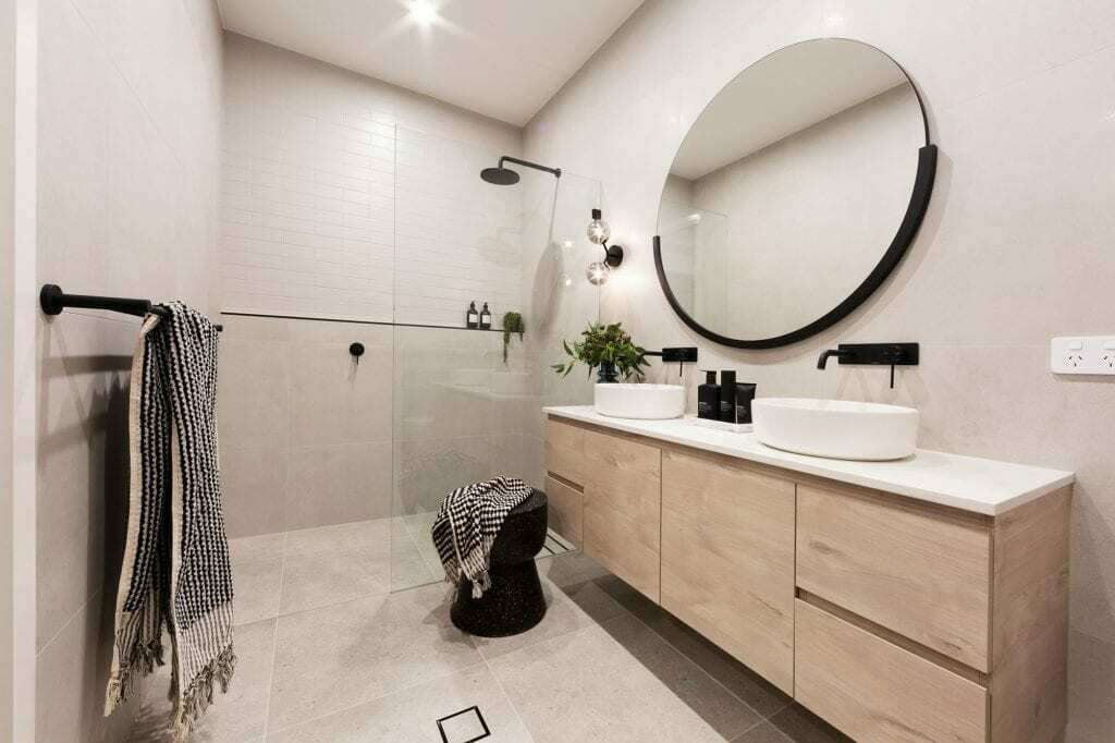 Homes by Howe, knock down rebuild, Red Hill, bathroom, dual vanity and circular mirror