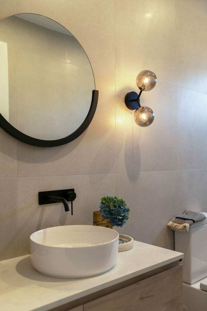Homes by Howe, knock down rebuild, Red Hill, bathroom, dual vanity and circular mirror