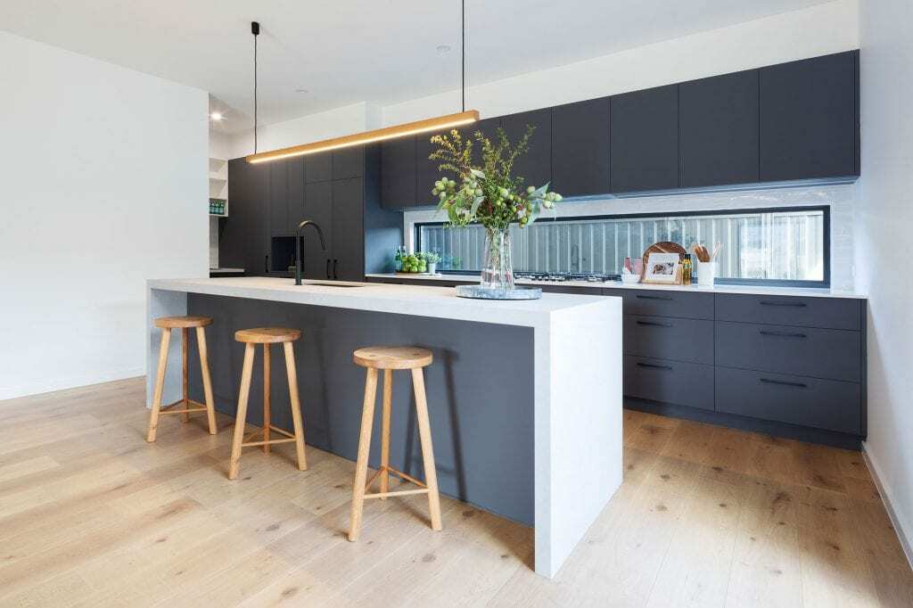 Homes by Howe, new build, Throsby, kitchen, island and three barstools grey cabinetry