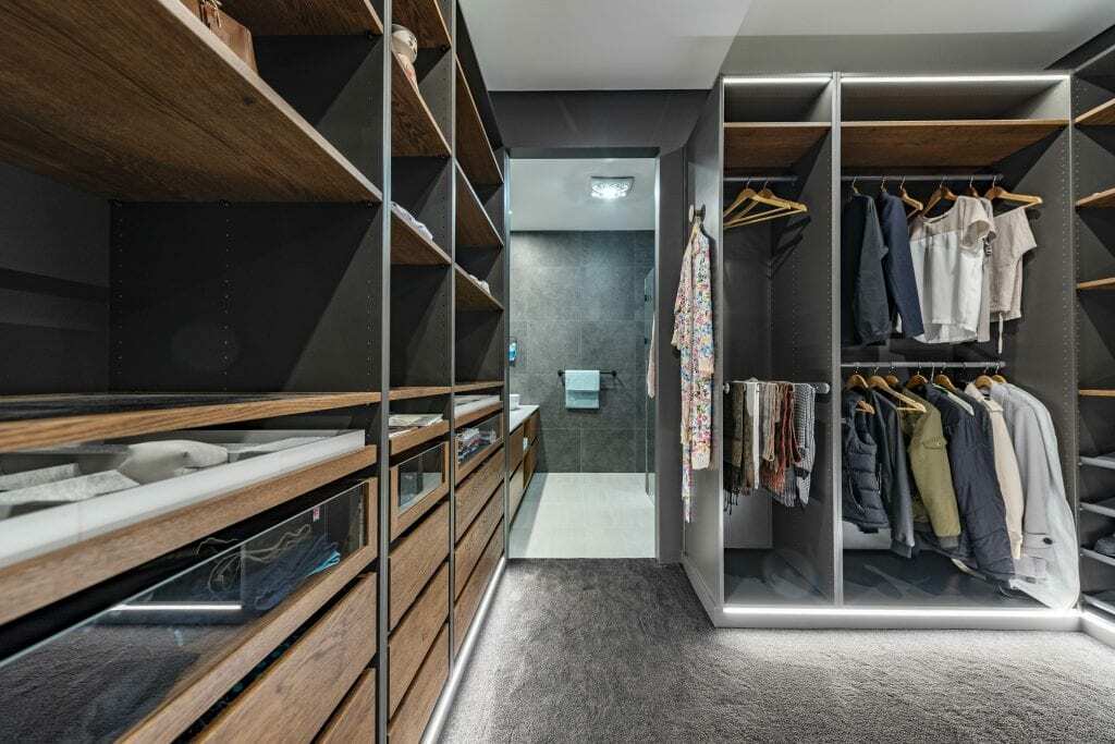 Homes by Howe, new build, Denman, walk-in-wardrobe, floor to ceiling open shelving and entrance to ensuite