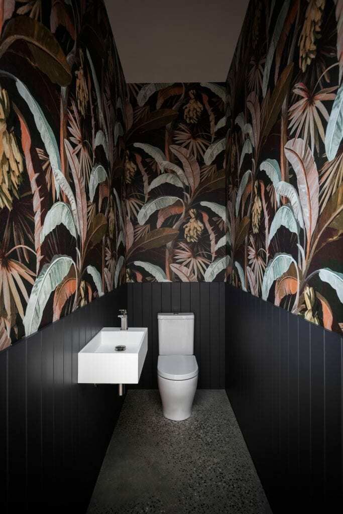Homes by Howe, new build, Burra, small toilet with black jungle themed wall paper and black panelling
