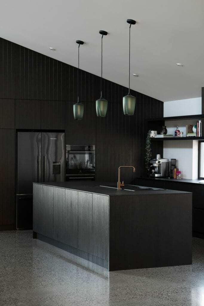 Homes by Howe, new build, Burra, kitchen, all black kitchen with island, polished concrete floors and three pendant lights