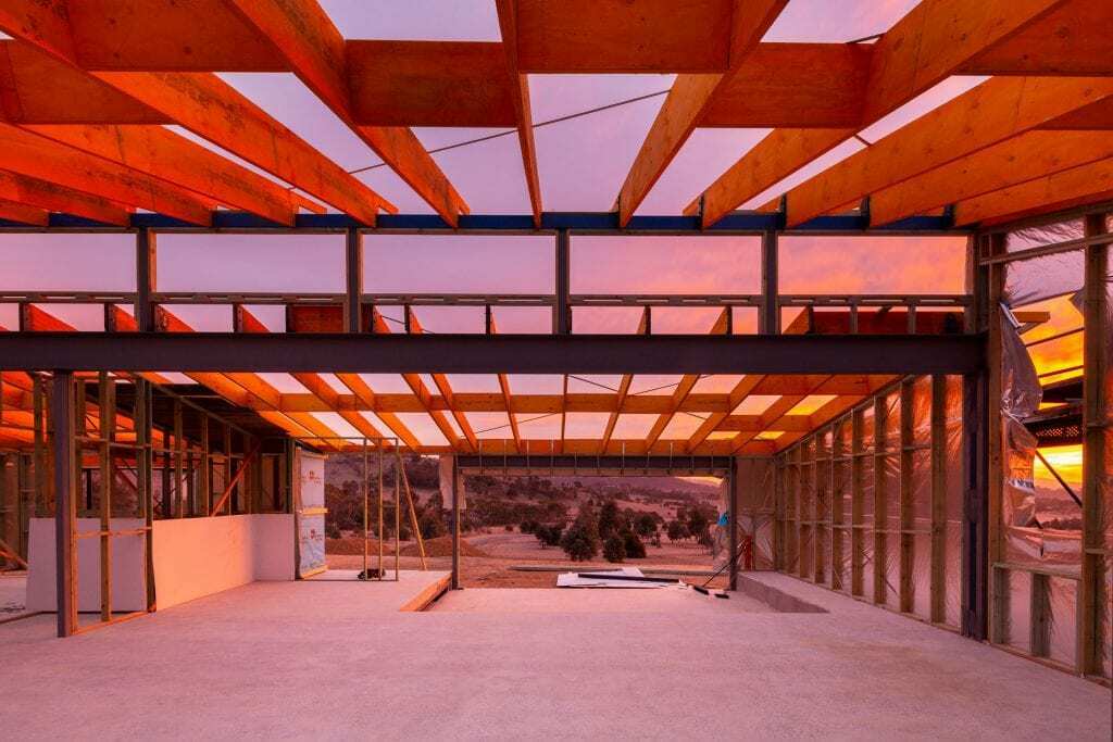 Homes by Howe, Canberra builder, new build, Burra, frame at sunset