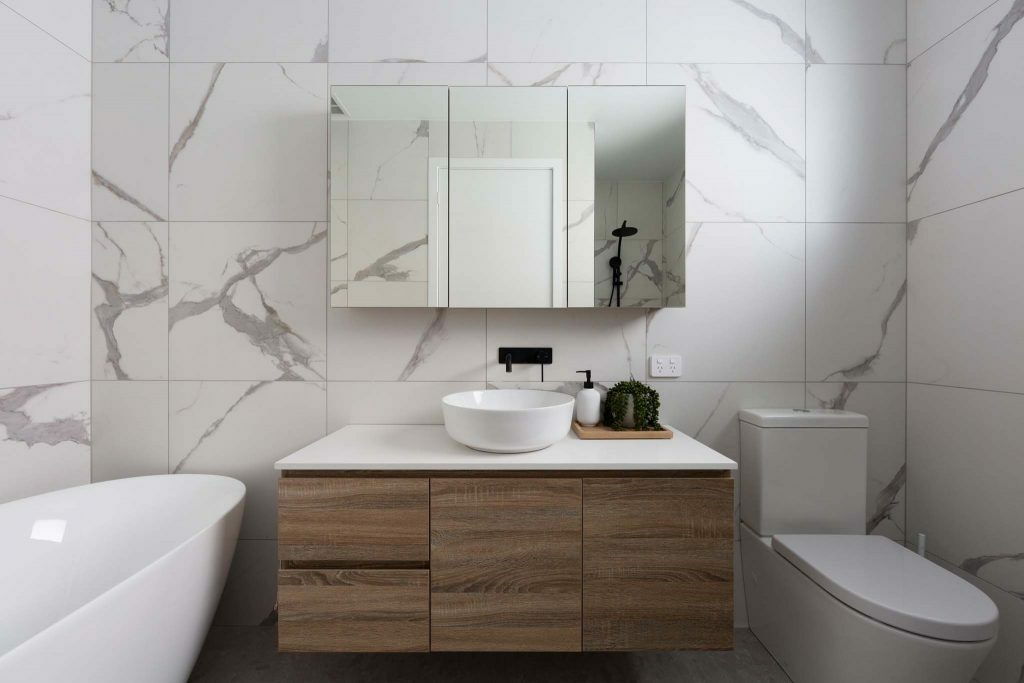 Homes by Howe, knock down rebuild, Chapman display home, bathroom, single vanity, white marble tiling
